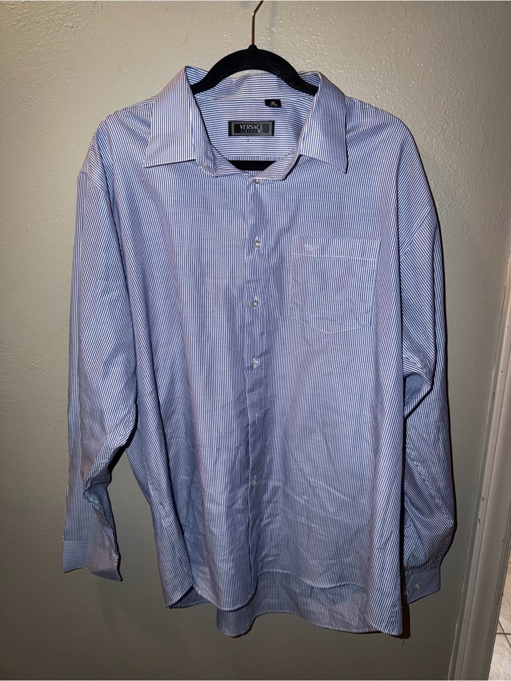 Versace Men’s Blue and White Pinstripe Dress Shirt